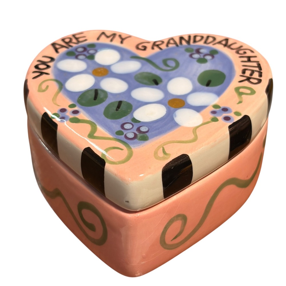 BirdBrain Sara 2003 Hand Painted Heart Trinket Box You Are My Granddaughter Pink